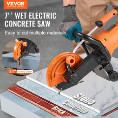 Bostome 7-inch electric concrete saw with ergonomic handle and wet-cutting attachment.