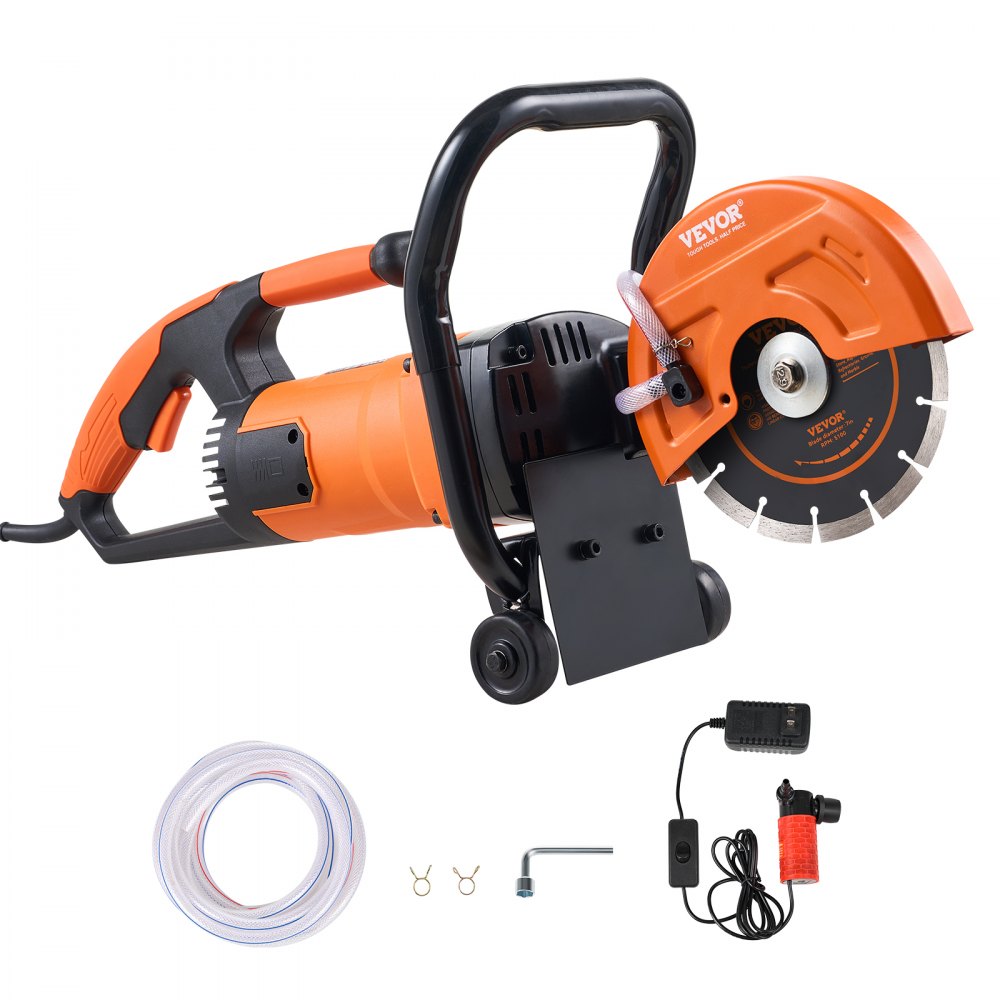 Bostome 7-inch electric concrete saw with ergonomic handle and wet-cutting attachment.
