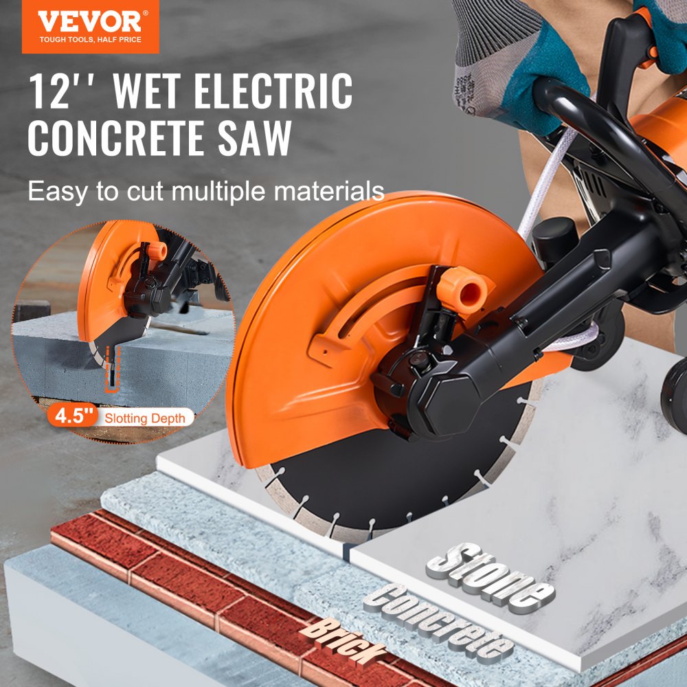 12-inch electric concrete saw with 1800W motor and 4.5-inch cutting depth.