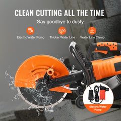 Orange 12-inch electric concrete saw with 1800W motor, wet-cutting water line, and pump.