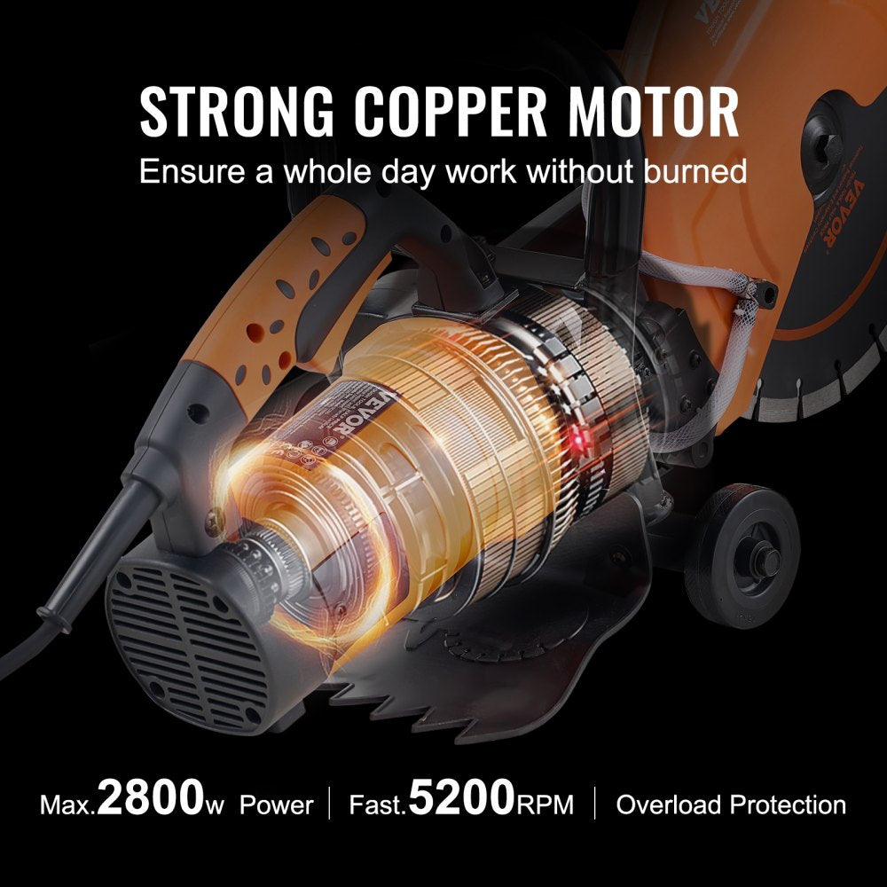 Orange 12-inch electric concrete saw with 1800W copper motor, 4.5-inch cut depth, and wheeled base.