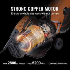 Orange 12-inch electric concrete saw with 1800W copper motor, 4.5-inch cut depth, and wheeled base.