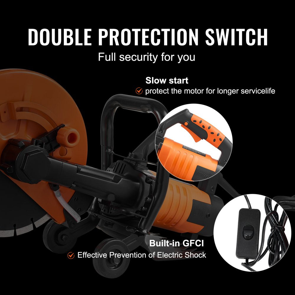 Electric concrete saw with 12-inch blade, 1800W motor, double protection switch, and GFCI plug.