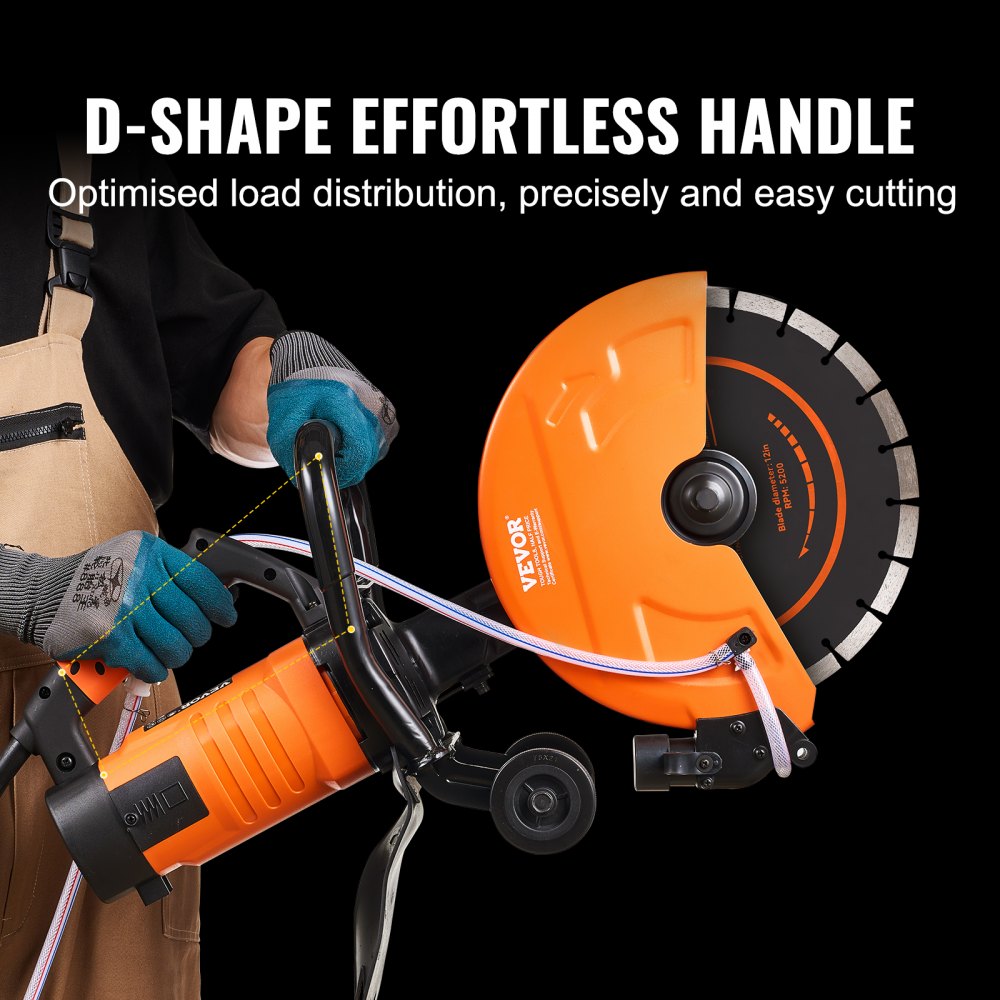 Orange 12-inch electric concrete saw with D-shaped handle, wet-cutting line, and 1800W motor, held by worker.