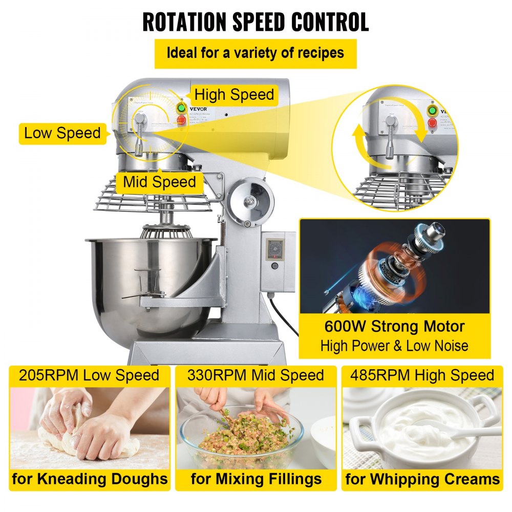 Commercial Food Mixer 15Qt 600W 3 Speeds Adjustable 110/178/390 RPM Heavy Duty 110V with Stainless Steel Bowl Dough Hooks Whisk Beater Premium for Schools Bakeries Restaurants Pizzerias