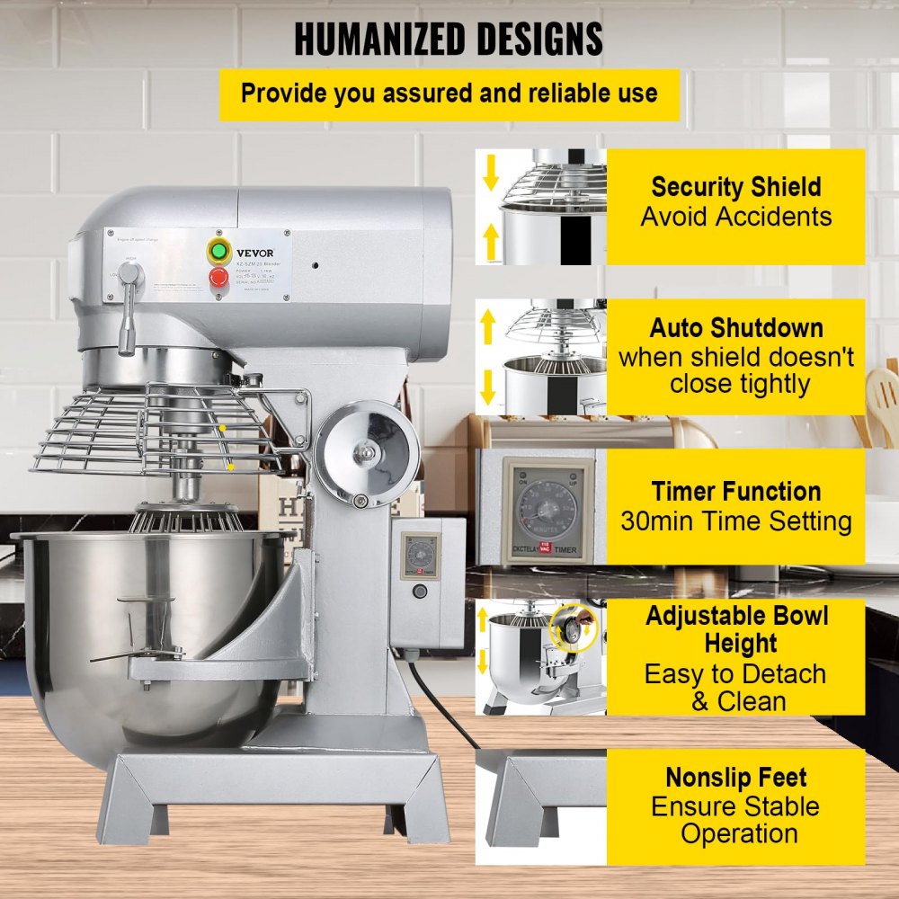 Commercial Food Mixer 15Qt 600W 3 Speeds Adjustable 110/178/390 RPM Heavy Duty 110V with Stainless Steel Bowl Dough Hooks Whisk Beater Premium for Schools Bakeries Restaurants Pizzerias