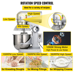 Commercial Food Mixer 30Qt 1100W 3 Speeds Adjustable 105/180/408 RPM Heavy Duty 110V with Stainless Steel Bowl Dough Hooks Whisk Beater for Schools Bakeries Restaurants Pizzerias