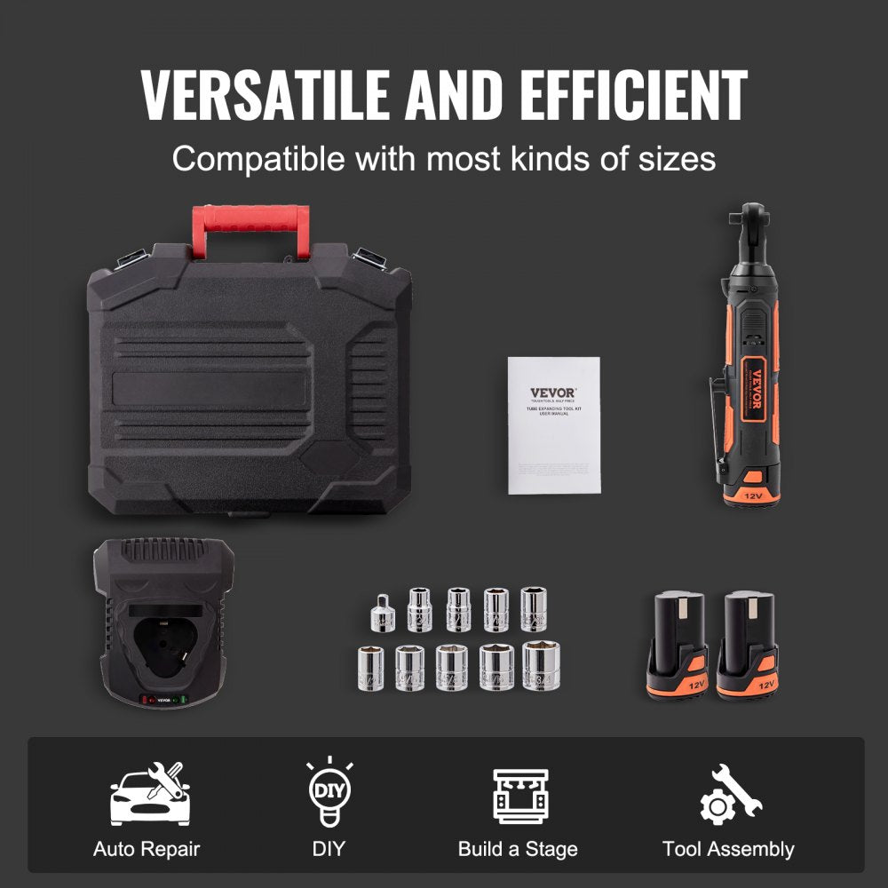 3/8" Cordless Electric Ratchet Wrench Set, 12V 33 Ft-lbs Power Ratchet Tool Kit, 45-Min Fast Charge, 2-Pack 2.0Ah Battery, Built-in LED Light, Variable Speed Trigger, 10 Sockets