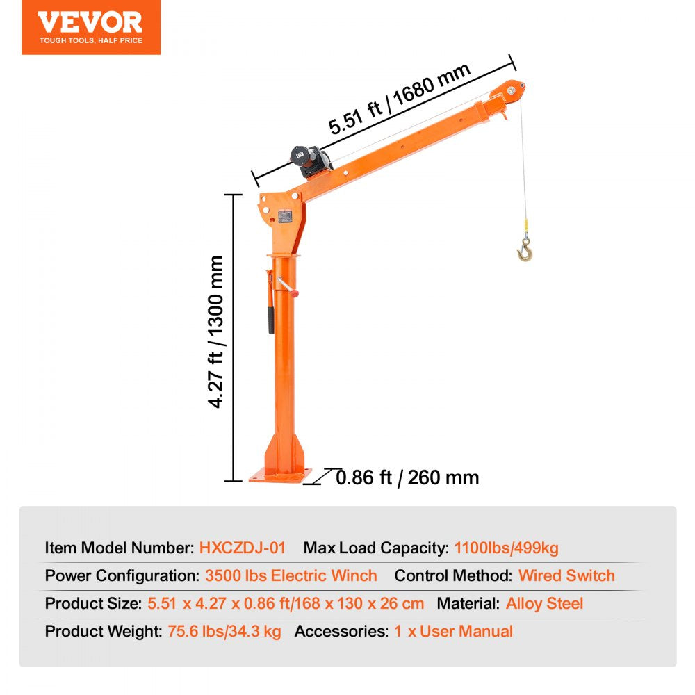 Electric Pickup Truck Crane Hoist Crane 1100 lbs 360° Swivel Hoist Lift