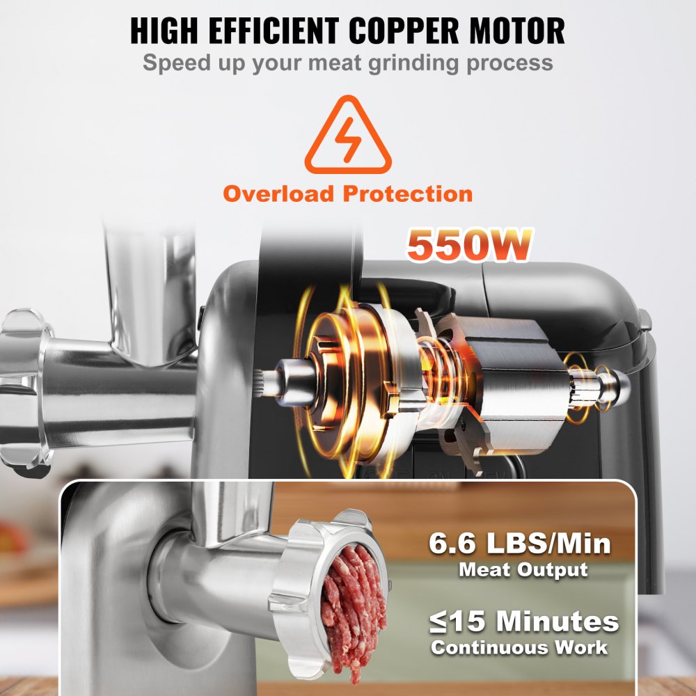 Electric Meat Grinder, 6.6 Lb/Min, 550W（2200W MAX) Industrial Meat Mincer with 2 Blade, 3 Grinding Plates, Sausage Maker & Kubbe Kit ABS + Stainless Steel Commercial Meat Grinder, ETL Listed