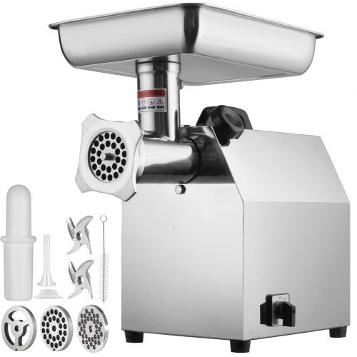Stainless steel electric meat grinder with tray, blades, and accessories.