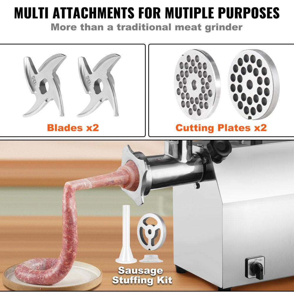 Electric meat grinder with two blades, two cutting plates, and sausage stuffing kit.