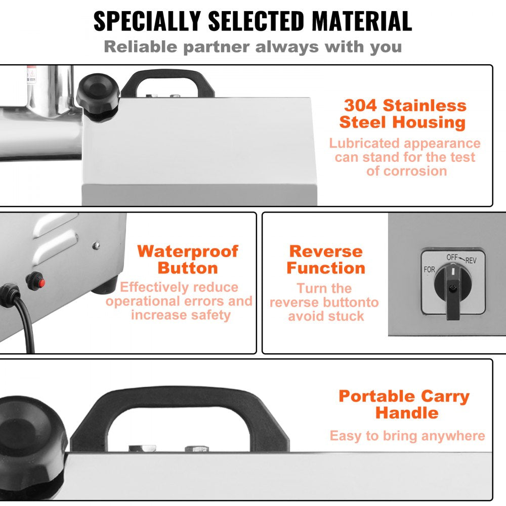 Electric meat grinder with 304 stainless steel housing, waterproof button, reverse function, and portable handle.