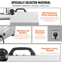 Electric meat grinder with 304 stainless steel housing, waterproof button, reverse function, and portable handle.