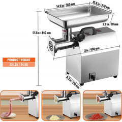 Silver 1100W electric meat grinder with stainless steel body, tray, and dimensions shown, grinding meat in three views.