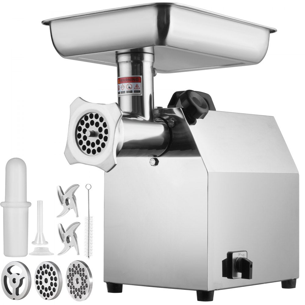 Stainless steel electric meat grinder with accessories on white background.