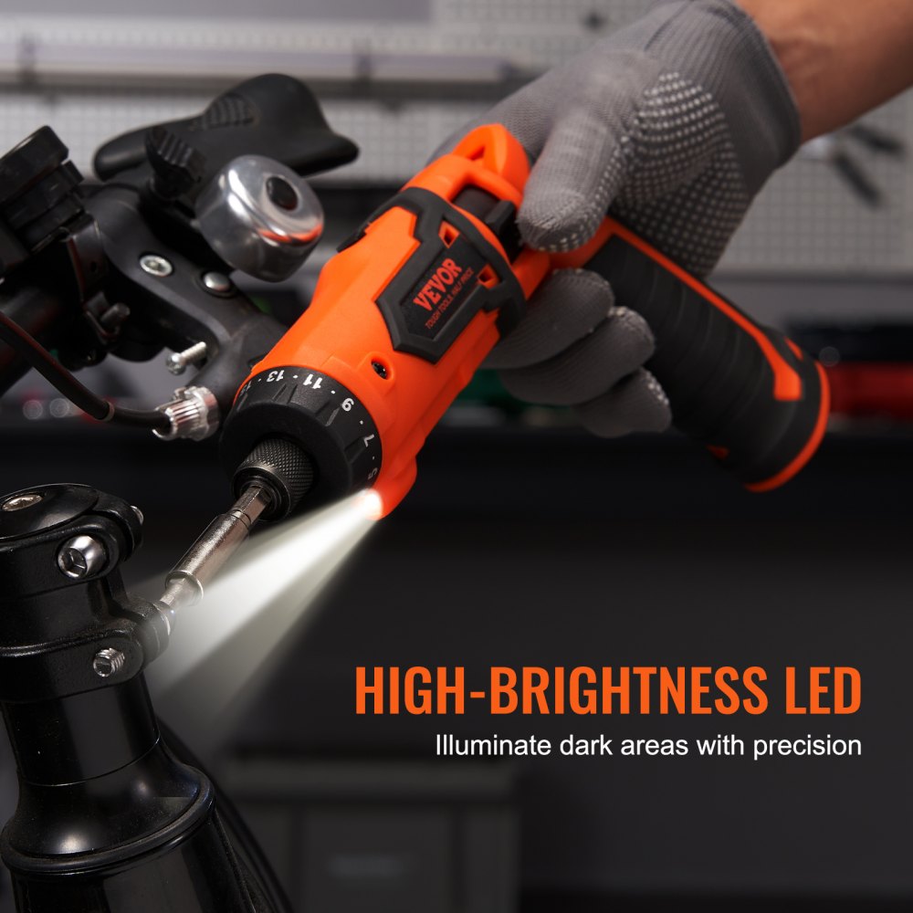 Bostome 4V cordless electric screwdriver with LED light and 11-piece accessory kit.