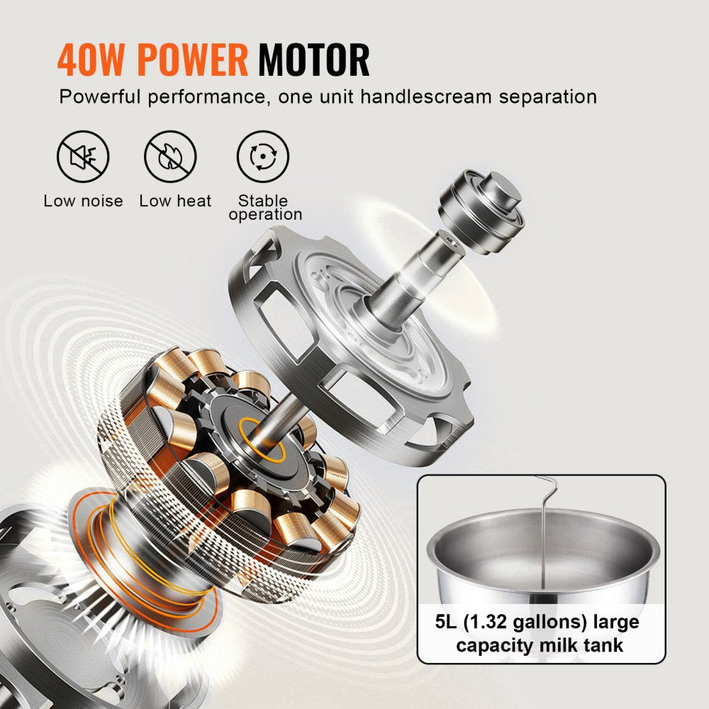 Milk Cream Centrifugal Separator, 304 Stainless Steel Electric Cream Separators, 100L/H Output 10500RPM Goat Milk Separator, 30W Cow Cream Separator, Milk Skimmer with 5L Bowl Capacity, 100-240V