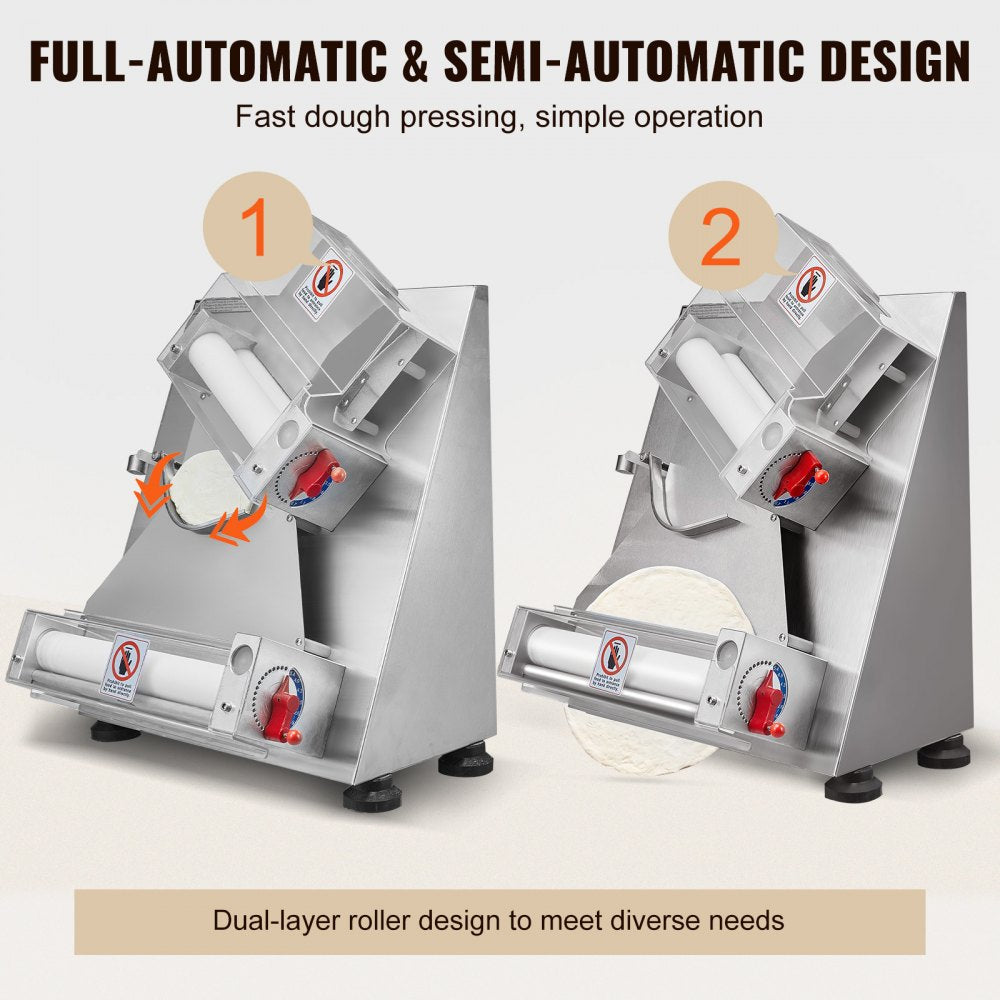 Pizza Dough Roller Sheeter, 3-12 Inch Automatic Commercial Pizza Press, 370W Electric 260 Per Hour Dough Roller, Stainless Steel Adjustable Thickness Dough Machine, for Pasta Maker Equipment