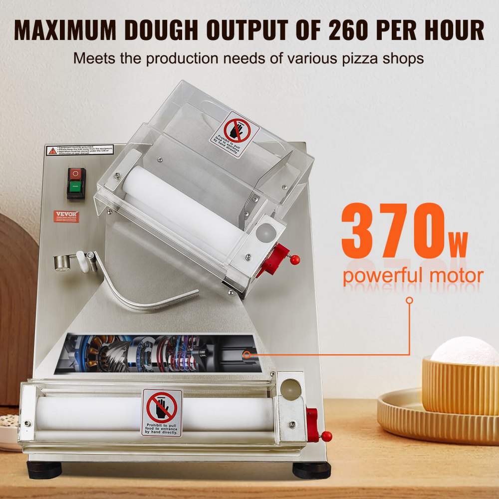 Pizza Dough Roller Sheeter, 3-12 Inch Automatic Commercial Pizza Press, 370W Electric 260 Per Hour Dough Roller, Stainless Steel Adjustable Thickness Dough Machine, for Pasta Maker Equipment