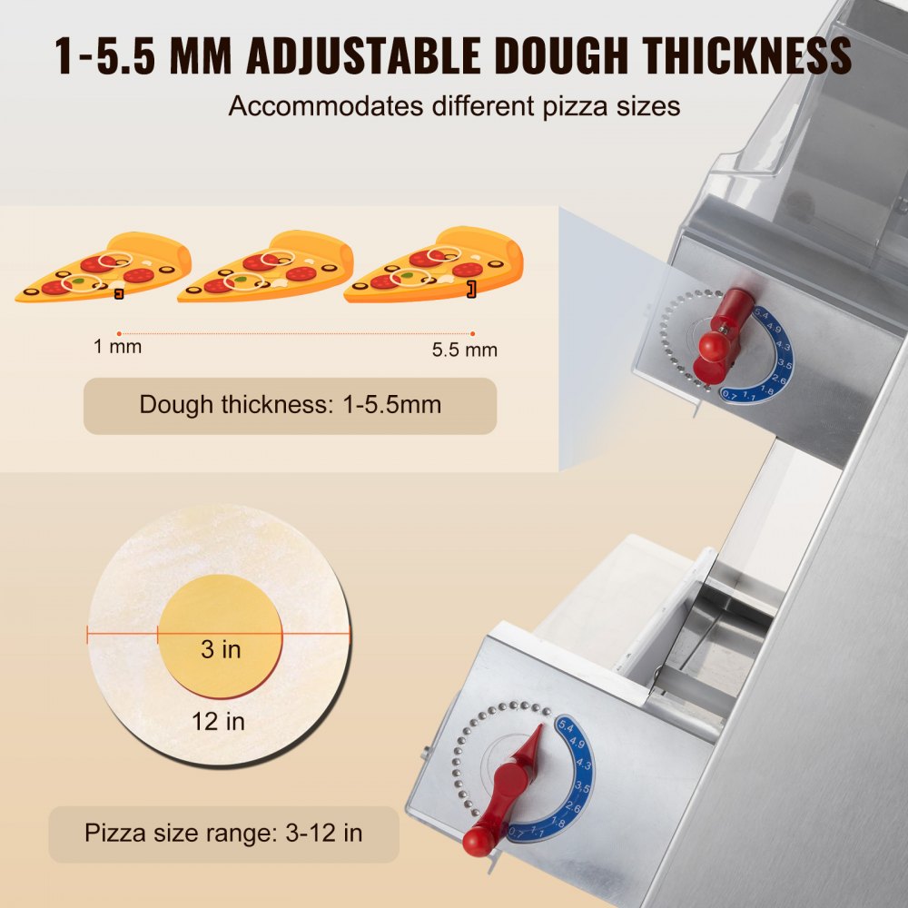 Pizza Dough Roller Sheeter, 3-12 Inch Automatic Commercial Pizza Press, 370W Electric 260 Per Hour Dough Roller, Stainless Steel Adjustable Thickness Dough Machine, for Pasta Maker Equipment