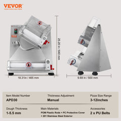 Pizza Dough Roller Sheeter, 3-12 Inch Automatic Commercial Pizza Press, 370W Electric 260 Per Hour Dough Roller, Stainless Steel Adjustable Thickness Dough Machine, for Pasta Maker Equipment