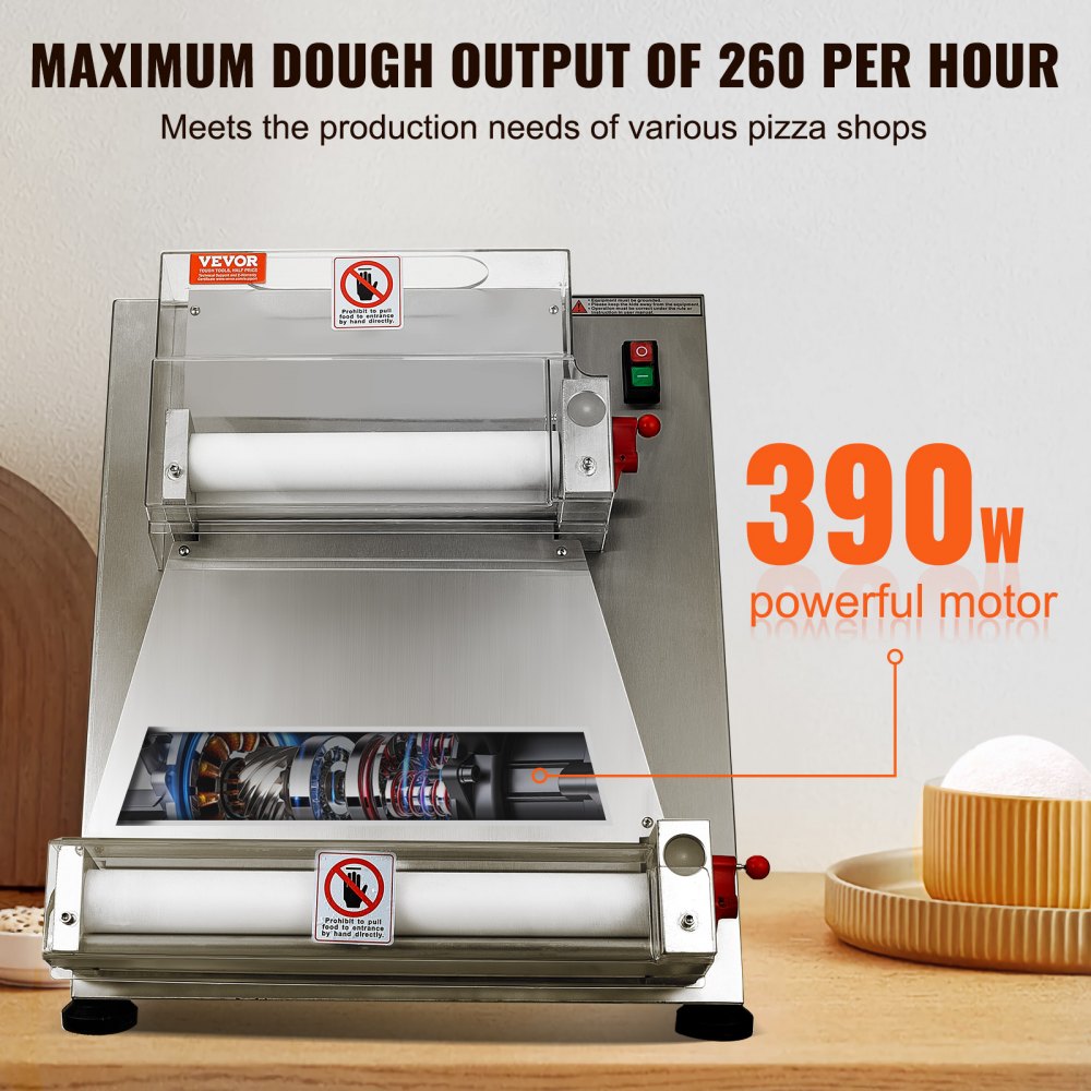 Pizza Dough Roller Sheeter, 3-15 Inch Automatic Commercial Pizza Press, 390W Electric 260 Per Hour Dough Roller, Stainless Steel Adjustable Thickness Dough Machine, for Pasta Maker Equipment