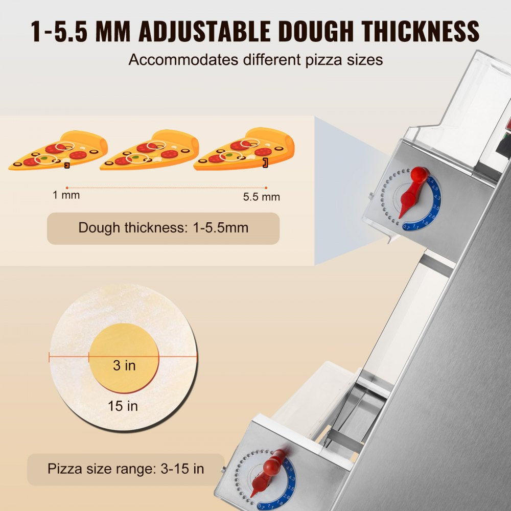 Pizza Dough Roller Sheeter, 3-15 Inch Automatic Commercial Pizza Press, 390W Electric 260 Per Hour Dough Roller, Stainless Steel Adjustable Thickness Dough Machine, for Pasta Maker Equipment