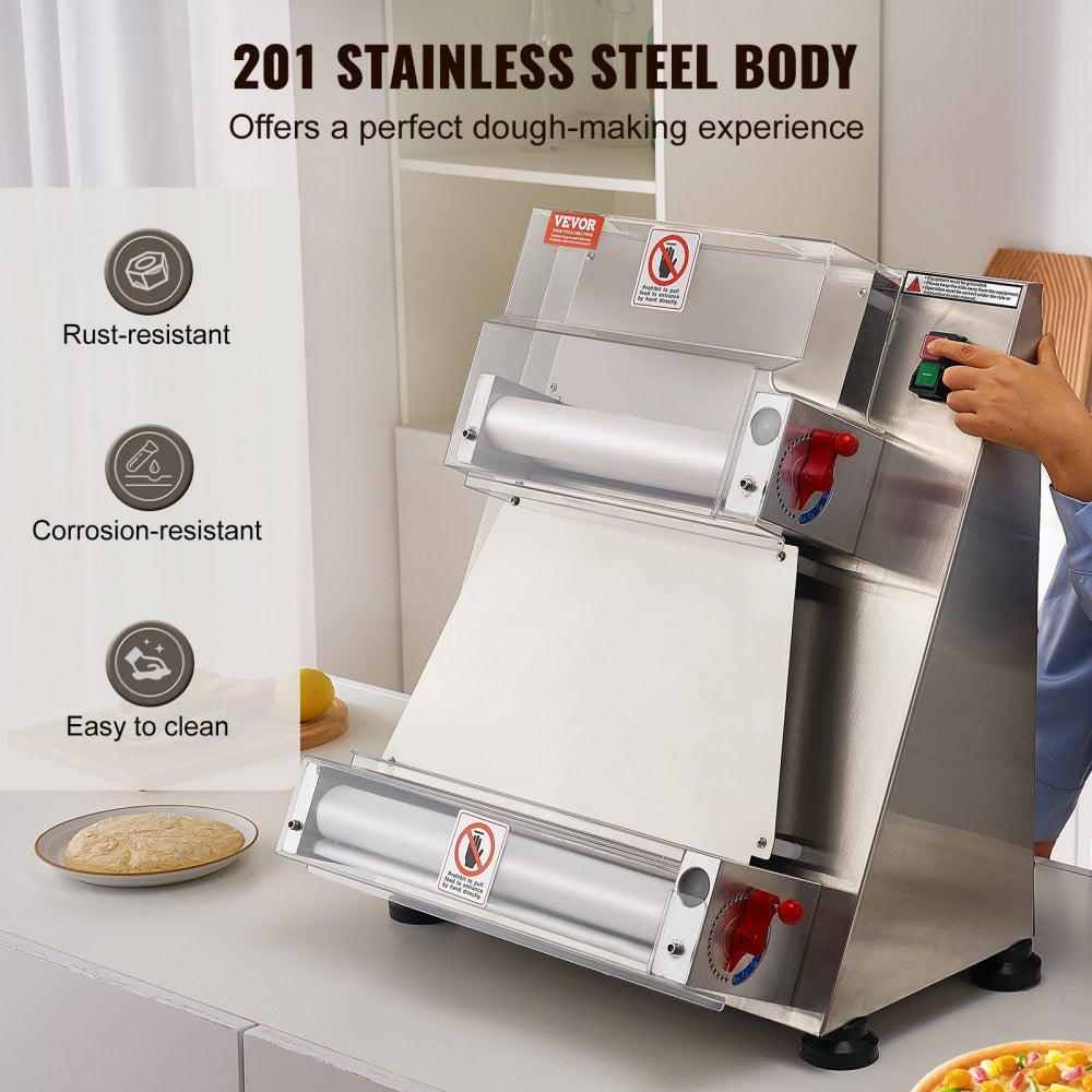 Pizza Dough Roller Sheeter, 3-15 Inch Automatic Commercial Pizza Press, 390W Electric 260 Per Hour Dough Roller, Stainless Steel Adjustable Thickness Dough Machine, for Pasta Maker Equipment