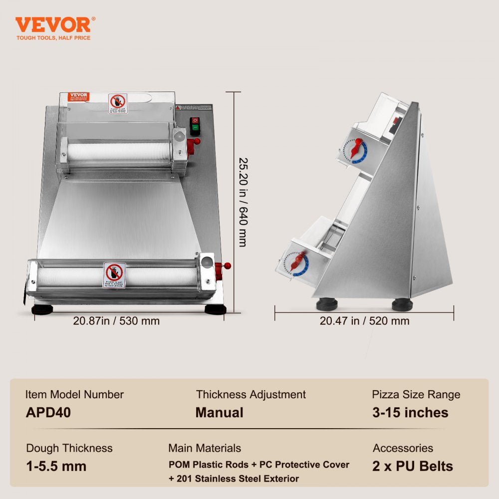 Pizza Dough Roller Sheeter, 3-15 Inch Automatic Commercial Pizza Press, 390W Electric 260 Per Hour Dough Roller, Stainless Steel Adjustable Thickness Dough Machine, for Pasta Maker Equipment