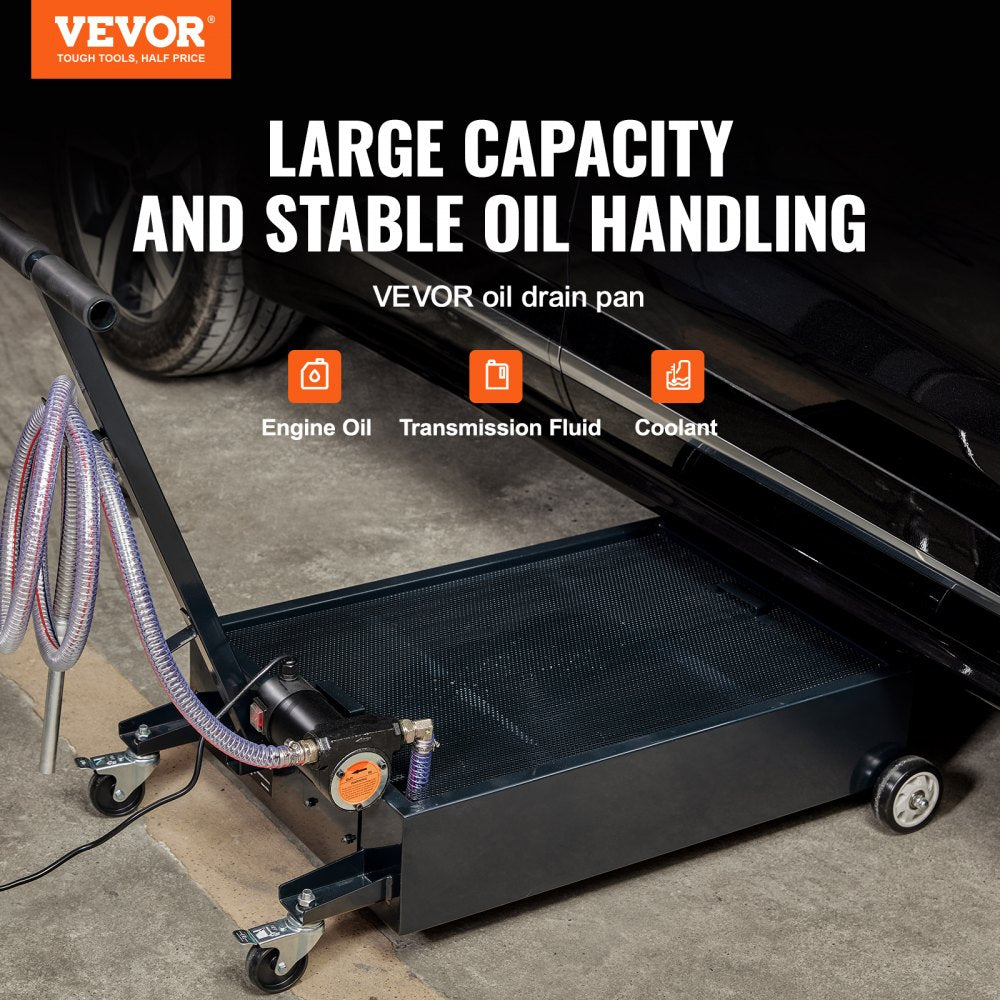 Low Profile Oil Drain Pan, 15 Gallon Oil Drain Pan with Pump, Oil Change Pan with 180W Electric Pump, 8.2ft Hose & Folding Handle, Rolling Oil Drain Cart for Trucks, Buses, RVs