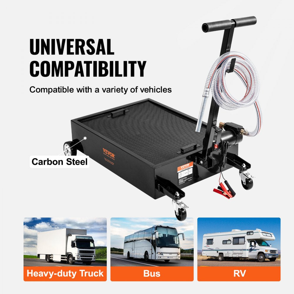Low Profile Oil Drain Pan, 15 Gallon Oil Drain Pan with Pump, Oil Change Pan with 180W Electric Pump, 8.2ft Hose & Folding Handle, Rolling Oil Drain Cart for Trucks, Buses, RVs