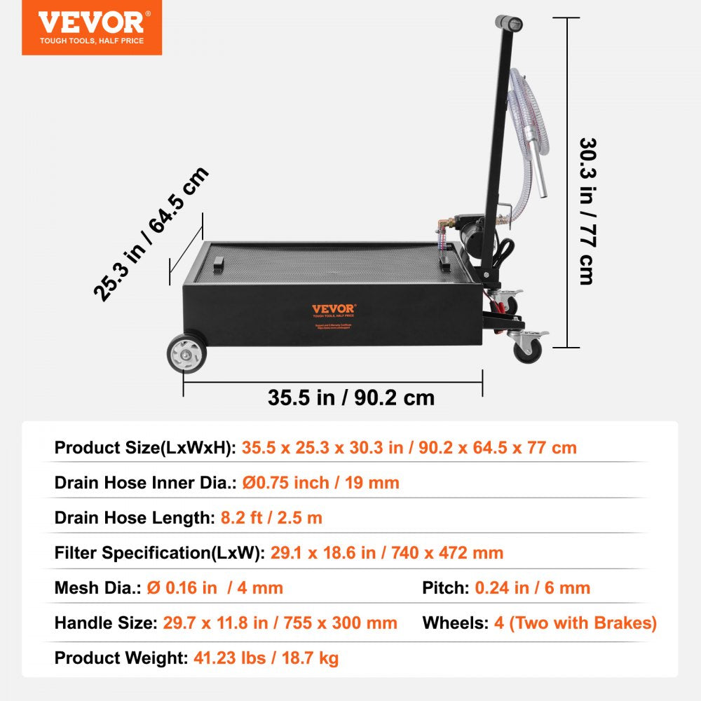 Low Profile Oil Drain Pan, 15 Gallon Oil Drain Pan with Pump, Oil Change Pan with 180W Electric Pump, 8.2ft Hose & Folding Handle, Rolling Oil Drain Cart for Trucks, Buses, RVs
