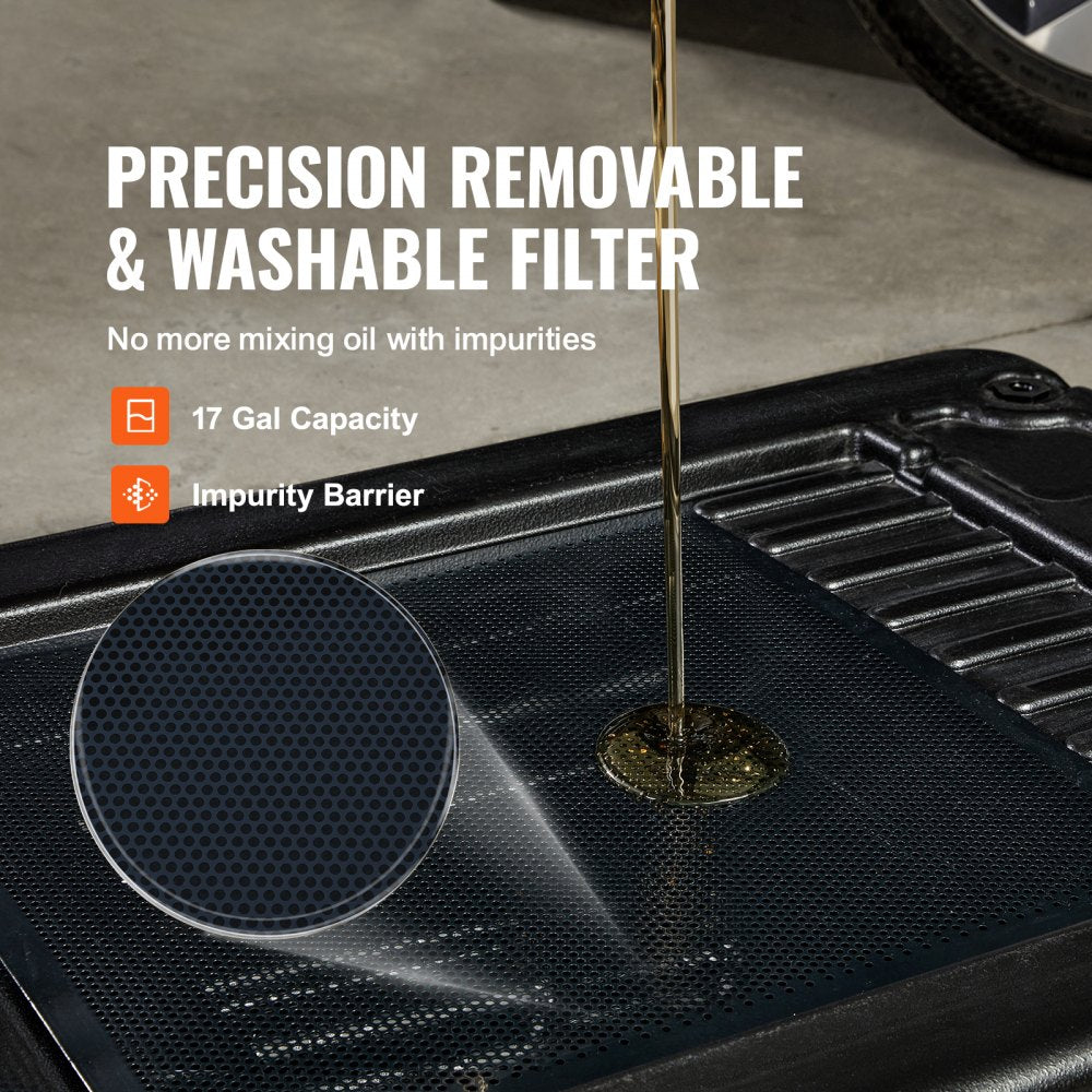 Low Profile Oil Drain Pan, 17 Gallon Oil Drain Pan with Pump, Oil Change Pan with 180W Electric Pump, 8.2ft Hose & Folding Handle, Rolling Oil Drain Cart for Trucks, Buses, RVs