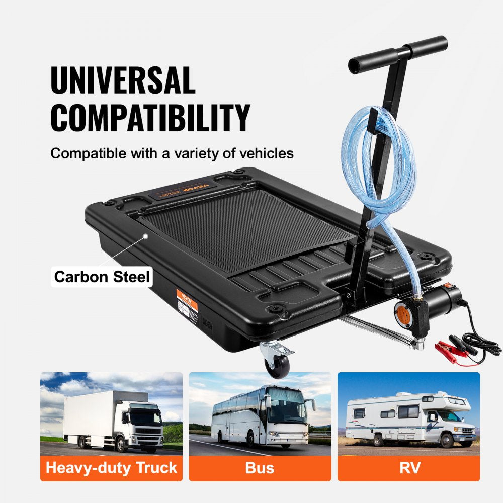 Low Profile Oil Drain Pan, 17 Gallon Oil Drain Pan with Pump, Oil Change Pan with 180W Electric Pump, 8.2ft Hose & Folding Handle, Rolling Oil Drain Cart for Trucks, Buses, RVs