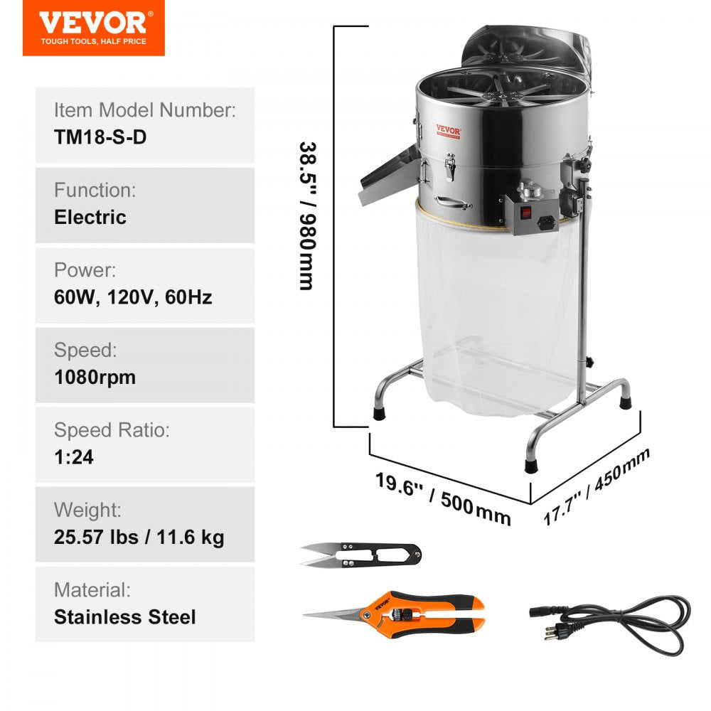Electric Bud Trimmer, 19`` Electric Leaf Trimmer Machine with 60W Adjustable Speed, Tillable Trimmer with Stainless-Steel Blades, Bud Leaf Trimmer Mesh Bag & Hand Pruner Included for Leaves, Bud