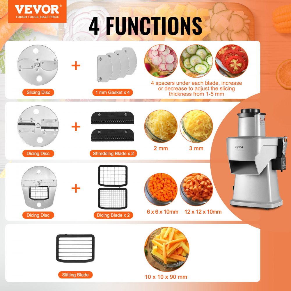 Electric Vegetable Slicer, 4 in 1 Multifunctional Food Cutter, 200W Vegetable Chopper for Slicing Shredding Dicing and Slitting, with Cut-Resistant Gloves, for Commercial and Home Use