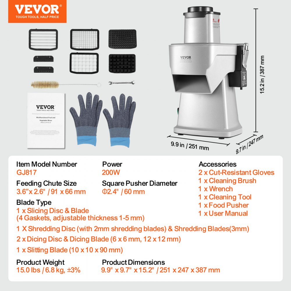 Electric Vegetable Slicer, 4 in 1 Multifunctional Food Cutter, 200W Vegetable Chopper for Slicing Shredding Dicing and Slitting, with Cut-Resistant Gloves, for Commercial and Home Use