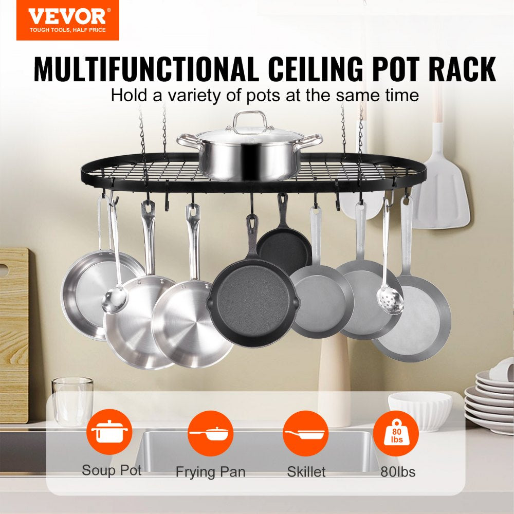 Hanging Pot Rack, 32 inch Hanging Pot Rack Ceiling Mount, Ceiling Pot Rack with 12 S Hooks, 80 lbs Loading Weight, Ideal for Home, Restaurant, Kitchen Cookware, Utensils