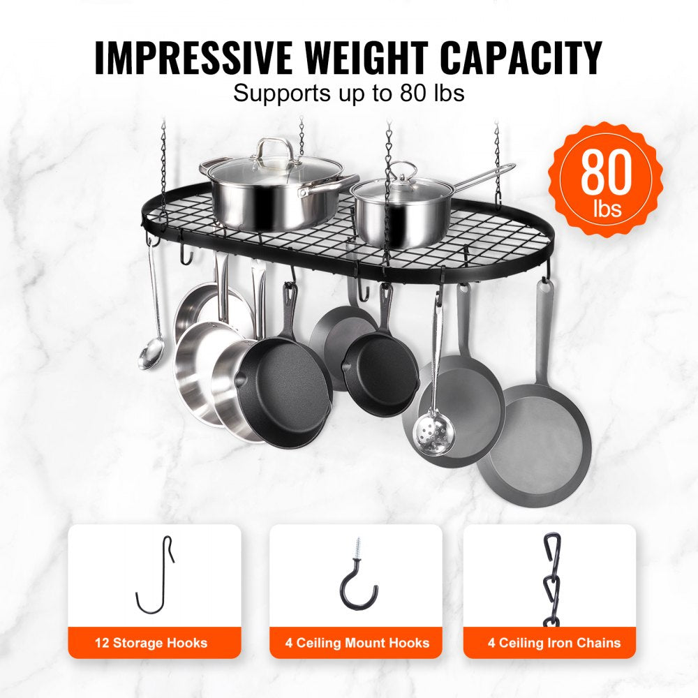 Hanging Pot Rack, 32 inch Hanging Pot Rack Ceiling Mount, Ceiling Pot Rack with 12 S Hooks, 80 lbs Loading Weight, Ideal for Home, Restaurant, Kitchen Cookware, Utensils