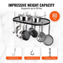 Hanging Pot Rack, 32 inch Hanging Pot Rack Ceiling Mount, Ceiling Pot Rack with 12 S Hooks, 80 lbs Loading Weight, Ideal for Home, Restaurant, Kitchen Cookware, Utensils
