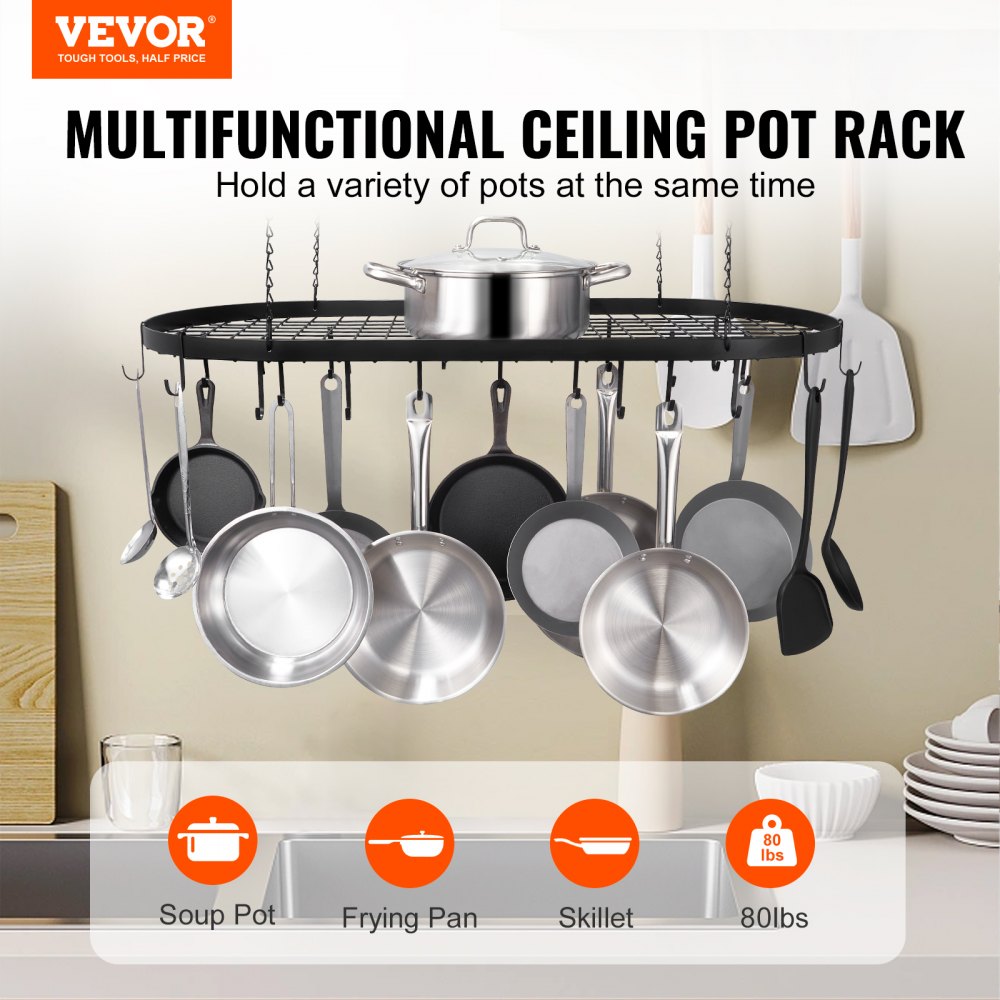 Hanging Pot Rack, 36 inch Hanging Pot Rack Ceiling Mount, Ceiling Pot Rack with 20 S Hooks, 80 lbs Loading Weight, Ideal for Home, Restaurant, Kitchen Cookware, Utensils
