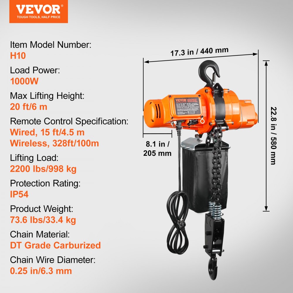 Electric Chain Hoist Single Phase Crane Hoist 2200 lbs Load 20 ft Lifting