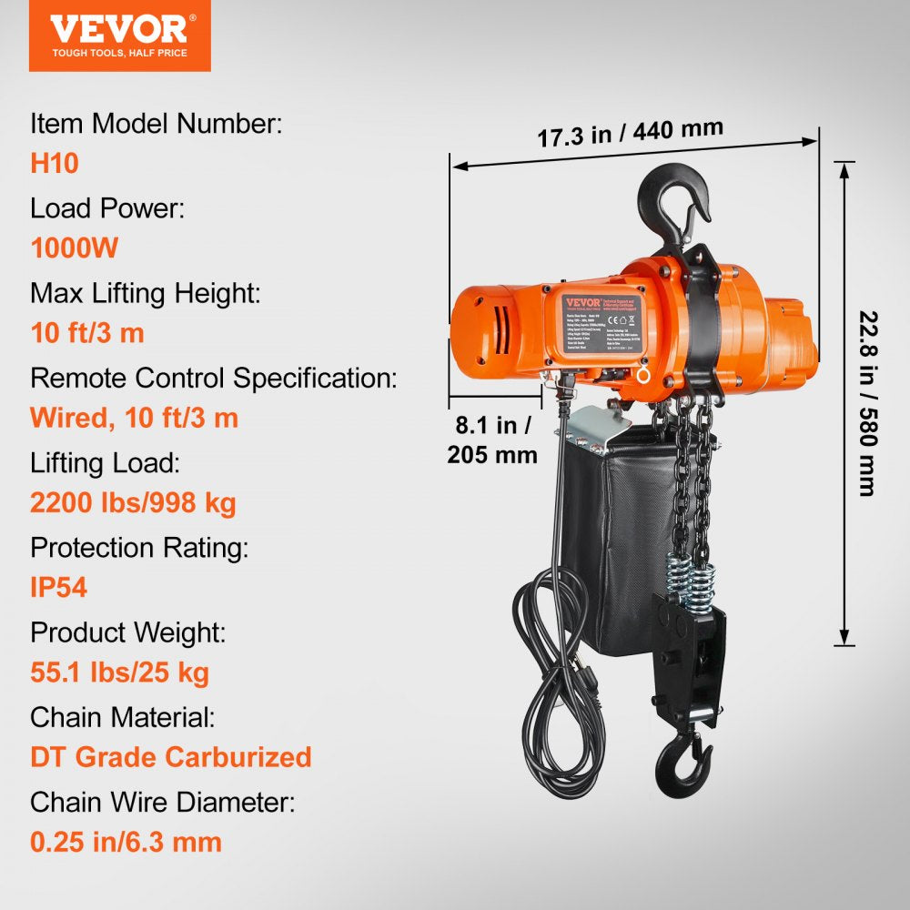 Electric Chain Hoist Single Phase Crane Hoist 2200 lbs Load 10 ft Lifting