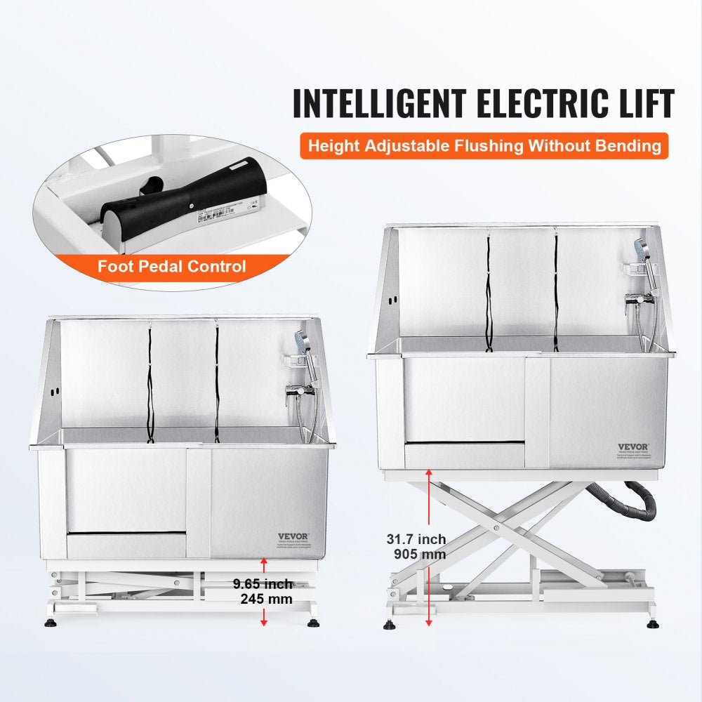 50-inch stainless steel pet bathing station with electric height adjustment and foot pedal control.