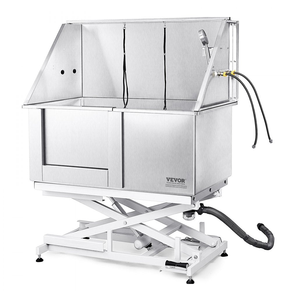 50" stainless steel pet bathing station with electric height adjustment and left faucet.