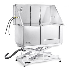 Stainless steel dog grooming tub with electric height adjustment and anti-slip surface.