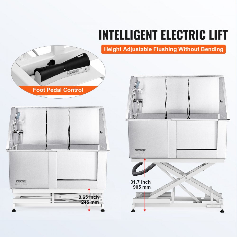 Stainless steel dog grooming tub with electric height adjustment and anti-slip surface.