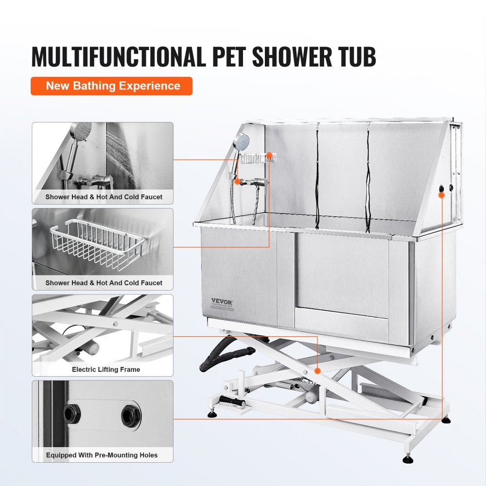 Stainless steel dog grooming tub with electric height adjustment and anti-slip surface.