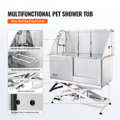 Stainless steel dog grooming tub with electric height adjustment and anti-slip surface.